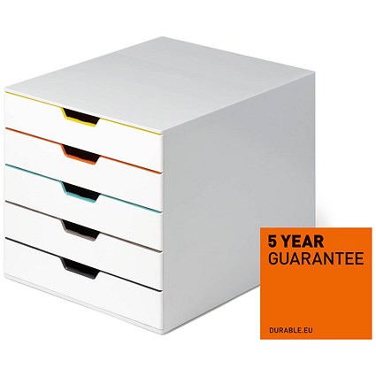 Durable Varicolor Mix 5 Drawer Set, Colour Coded Desktop Storage, White & Assorted Coloured Drawers