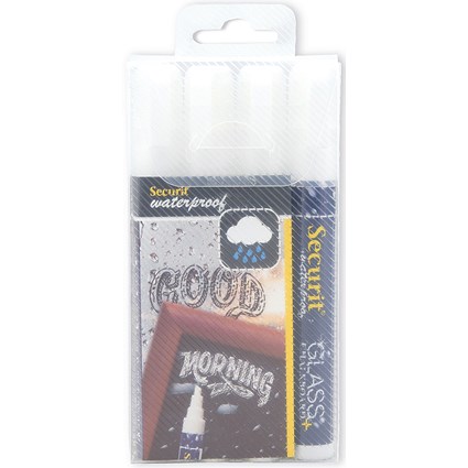 Securit Waterproof Chalk Marker Chiselled Nib 2-6mm White (Pack of 4) Securit Waterproof Chalk Marker Chiselled Nib 2-6mm White (Pack of 4)