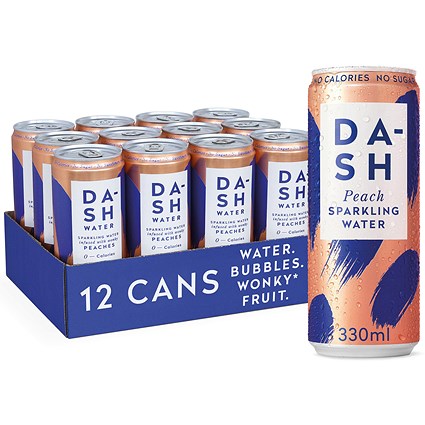 Dash Peach Sparkling Water, Cans, 330ml, Pack of 12 Dash Peach Sparkling Water, Cans, 330ml, Pack of 12