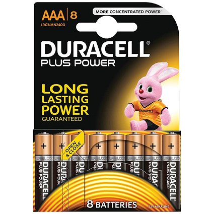 Duracell Plus Power Alkaline Battery, AAA, 1.5V, Pack of 8