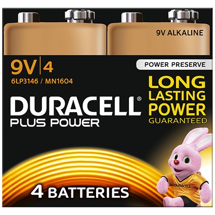 Duracell Plus Power Alkaline Battery, 9V, Pack of 4