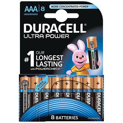 Duracell Ultra Power MX2400 Alkaline Battery, 1.5V, AAA, Pack of 8