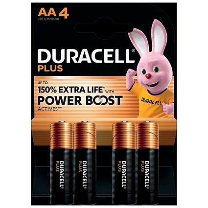 Duracell Plus AA Battery Alkaline 150% Extra Life Power Boost, Pack of 4