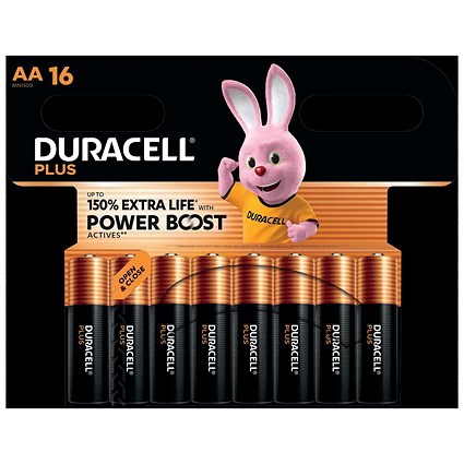 Duracell Plus AA Battery Alkaline 150% Extra Life Power Boost, Pack of 16