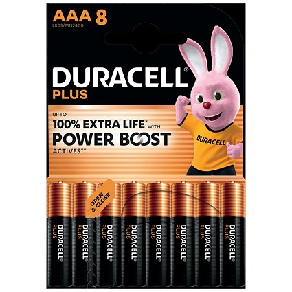Duracell Plus AAA Battery Alkaline 100% Extra Life Power Boost, Pack of 8