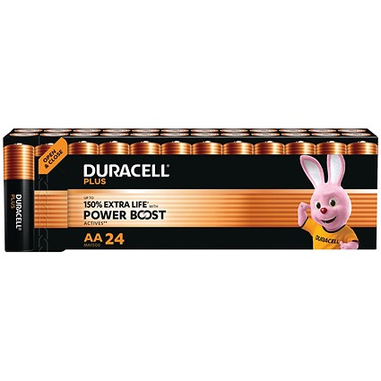 Duracell Plus AA Battery Alkaline 150% Extra Life Power Boost, Pack of 24