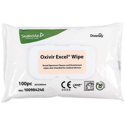 Diversey Oxivir Excel Disinfectant Wipes, 100 Wipes Per Pack, Pack of 12