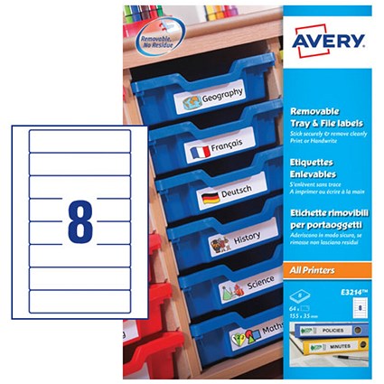 Avery E3214 UK Removable Tray & File Labels, 155 x 35 mm, White, Pack of 64 Labels