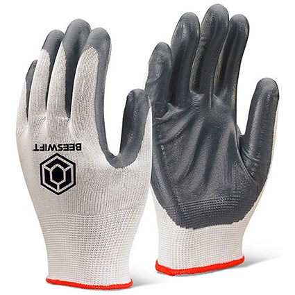 Beeswift Nitrile Palm Coated Polyester Gloves, Grey, Small, Pack of 10 Beeswift Nitrile Palm Coated Polyester Gloves, Grey, Small, Pack of 10