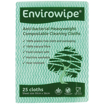 Envirowipe Antibacterial Cleaning Cloths, 500x360mm, Green, Pack of 25 Envirowipe Antibacterial Cleaning Cloths, 500x360mm, Green, Pack of 25