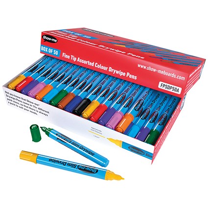 Show-me Drywipe Marker, Fine, Slim Barrel, Assorted, Pack of 50