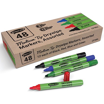 Show-me Drywipe Markers Medium Tip Slim Barrel Assorted (Pack of 48) Show-me Drywipe Markers Medium Tip Slim Barrel Assorted (Pack of 48)