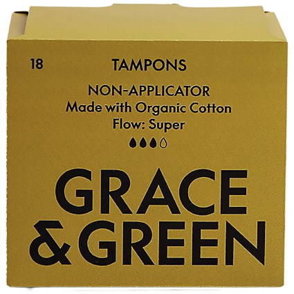 Grace and Green Organic Cotton Non Applicator Tampons, Super, Pack of 18