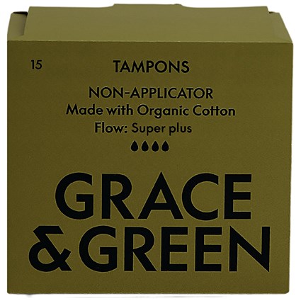 Grace and Green Organic Cotton Non Applicator Tampons, Super+, Pack of 15