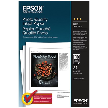 Epson A4 Matt Quality Photo Inkjet Photo Paper, White, 104gsm, Pack of 100