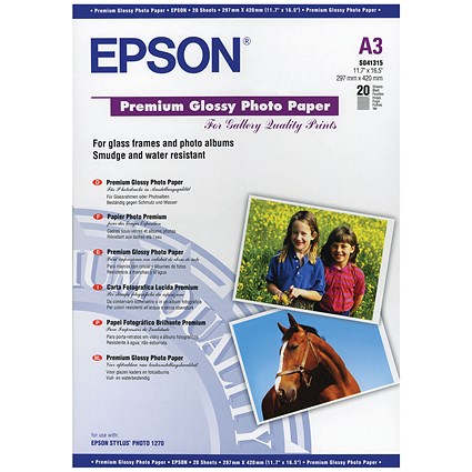 Epson A3 Premium Glossy Photo Paper, White, 255gsm, Pack of 20