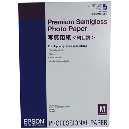 Epson A2 Premium Photo Paper, Semi-Gloss, 251gsm, Pack of 25
