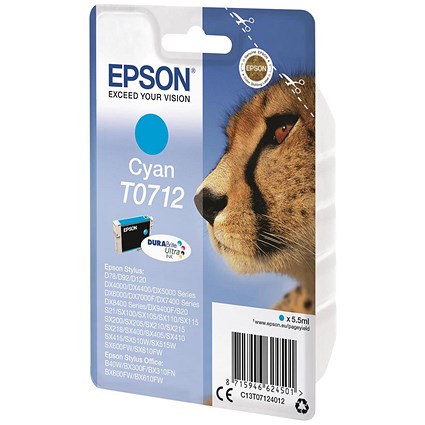 Epson T0712 Cheetah DURABrite Ultra Ink Cartridge Cyan C13T07124012 Epson T0712 Cheetah DURABrite Ultra Ink Cartridge Cyan C13T07124012