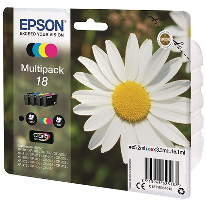 Epson 18 Inkjet Cartridge Multipack - Black, Cyan, Magenta and Yellow (4 Cartridges)