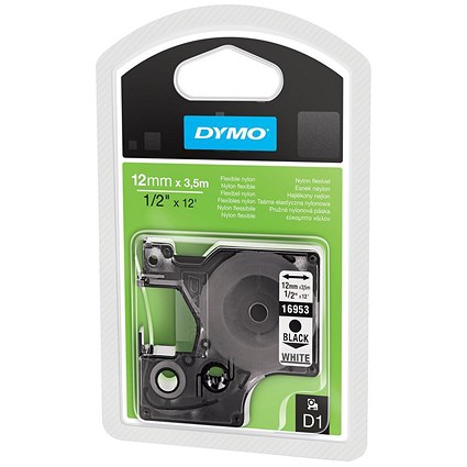 Dymo D1 Tape for Labelmaker Nylon Flexible 12mmx3.5m Black on White Ref 16957 S0718040