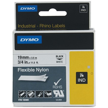 Dymo 18759 Rhino Industrial Flexible Nylon Tape, Black on White, 19mmx3.5m Dymo 18759 Rhino Industrial Flexible Nylon Tape, Black on White, 19mmx3.5m