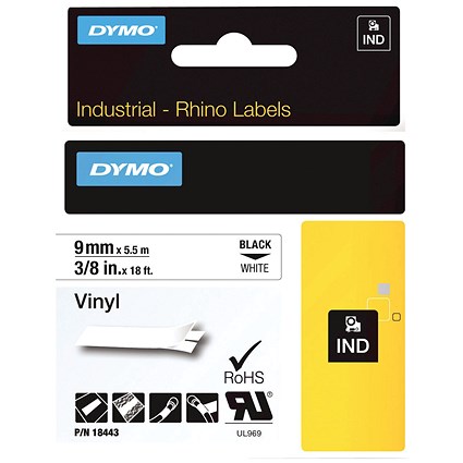 Dymo 18443 Rhino Vinyl Tape, Black on White, 9mmx5.5m