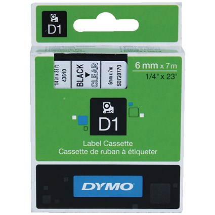 Dymo 43610 D1 Tape, Black on Clear, 6mmx7m
