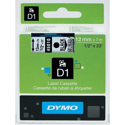 Dymo 45010 D1 Tape, Black on Clear, 12mmx7m