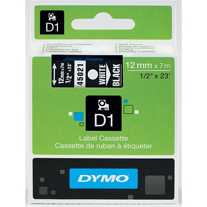 Dymo 45021 D1 Tape, White on Black, 12mmx7m