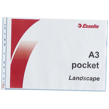 Esselte A3 Landscape Plastic Pockets, 75 Micron, Top Opening, Pack of 10