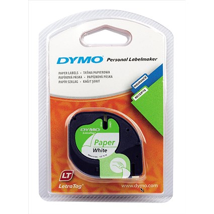 Dymo 91200 LetraTag Paper Tape, Black on White, 12mmx4m