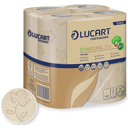 Lucart EcoNatural Conventional Toilet Rolls, 1-Ply, 250 Sheets Per Roll, Pack of 64