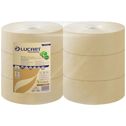 Lucart EcoNatural 300 Jumbo Toilet Roll, 2-Ply, 405 Sheets, Pack of 6