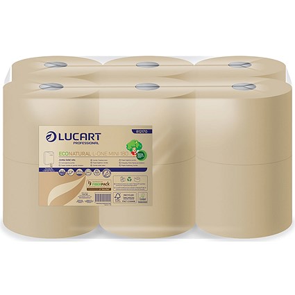 Lucart EcoNatural L-One Mini 180 Toilet Roll, 2-Ply, 900 Sheets, Pack of 12
