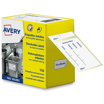 Avery Wash Off/Dissolvable Food Traceability Labels 70 x 40mm (Pack 150) - ETISOLUB.UK