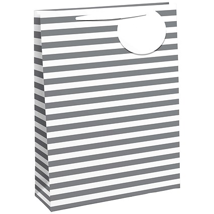 Striped Gift Bag Medium White/Silver (Pack of 6)