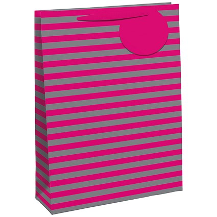 Striped Gift Bag Large Pink/Silver (Pack of 6)
