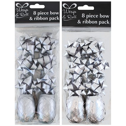 8-Piece Bow and Ribbon Gift Set Silver (Pack of 12)