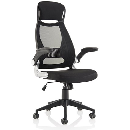 Saturn Executive Mesh Back Chair, Headrest, Folding Arms, Black