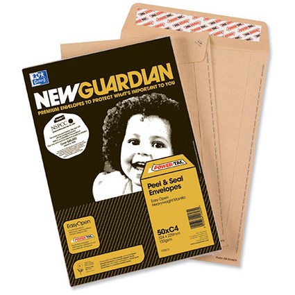 New Guardian Heavyweight C4 Pocket Envelopes - Manilla - Peel and Seal - 130gsm - Pack of 50