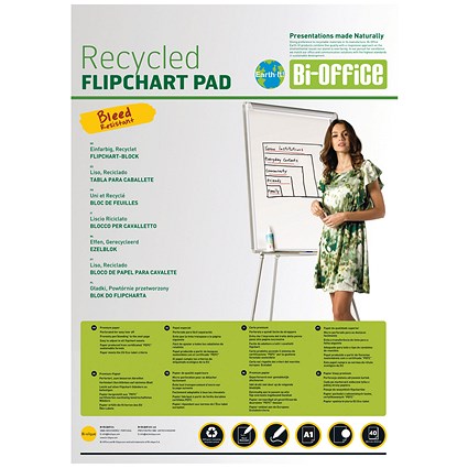Bi-Office Earth Flipchart Pad, 55gsm Plain Recycled Paper, 40 Sheets, 585x810mm, Pack of 5