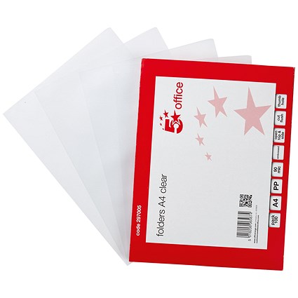 5 Star Plastic Folders, A4, Clear, Pack of 100
