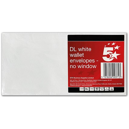5 Star DL Plain Wallet Envelopes, Self Seal, 80gsm, White, Pack of 25