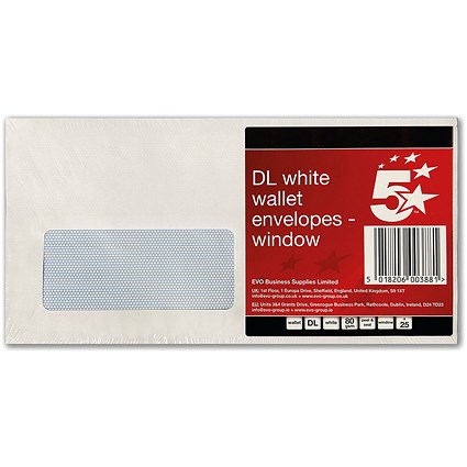 5 Star DL Window Envelopes, Peel and Seal, 80gsm, White, Pack of 25