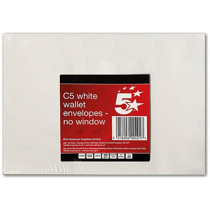5 Star C5 Pocket Envelopes, Peel and Seal, 80gsm, White, Pack of 25