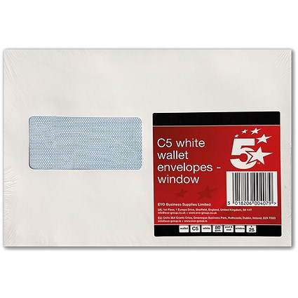 5 Star C5 Window Pocket Envelopes, Peel and Seal, 80gsm, White, Pack of 25
