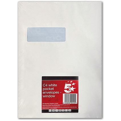 5 Star C4 Window Envelopes, Peel And Seal, 90gsm, White, Pack of 10