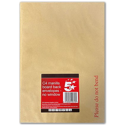 5 Star C4 Board Backed Envelopes, Peel and Seal, 120gsm, Manilla, Pack of 10