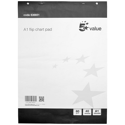 5 Star Value Flipchart Pad, Perforated, 40 Sheets, A1, Plain, Pack of 5 5 Star Value Flipchart Pad, Perforated, 40 Sheets, A1, Plain, Pack of 5