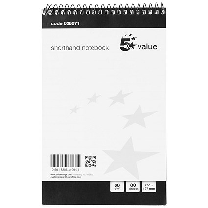 5 Star Value Wirebound Shorthand Notebook, 203x127mm, Ruled, 160 Pages, White, Pack of 10